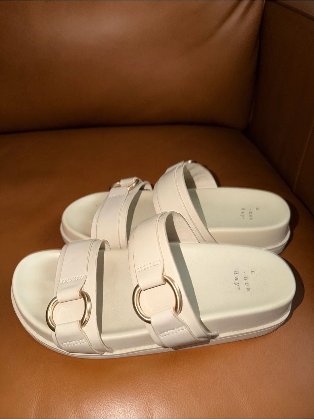 Universal Thread Cream Double-Strap Slide Sandals with Gold Rings